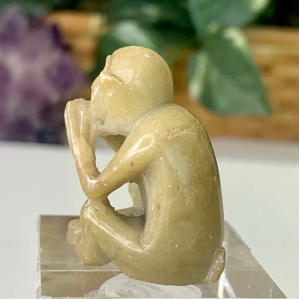 Vintage Soapstone Monkey Figurine Hand Carved Miniature Animal Stone Carving 1.5